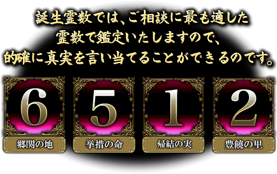 誕生霊数では、ご相談に最も適した霊数で鑑定いたしますので、的確に真実を言い当てることができるのです。　「6」運命霊数　「5」潜在霊数　「1」叡智霊数　「2」冥闇霊数