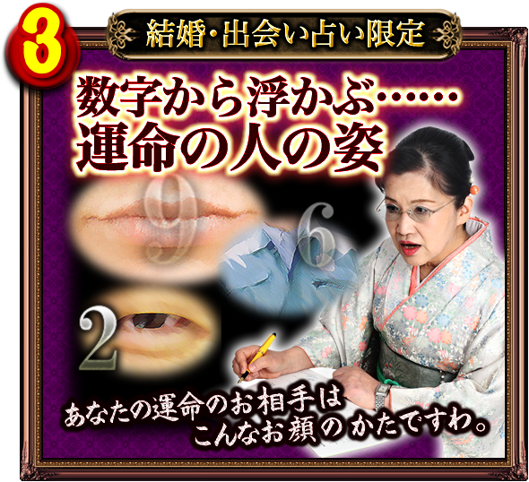 結婚・出会い占い限定　3．数字から浮かぶ……運命の人の姿　あなたの運命のお相手はこんなお顔のかたですわ。