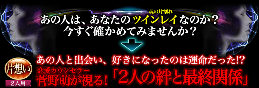 あの人は、あなたのツインレイ　魂の片割れ　なのか？今すぐ確かめてみませんか？　片想い　２人用　あの人と出会い、好きになったのは運命だった!?恋愛カウンセラー菅野萌が視る！　「２人の絆と最終関係」